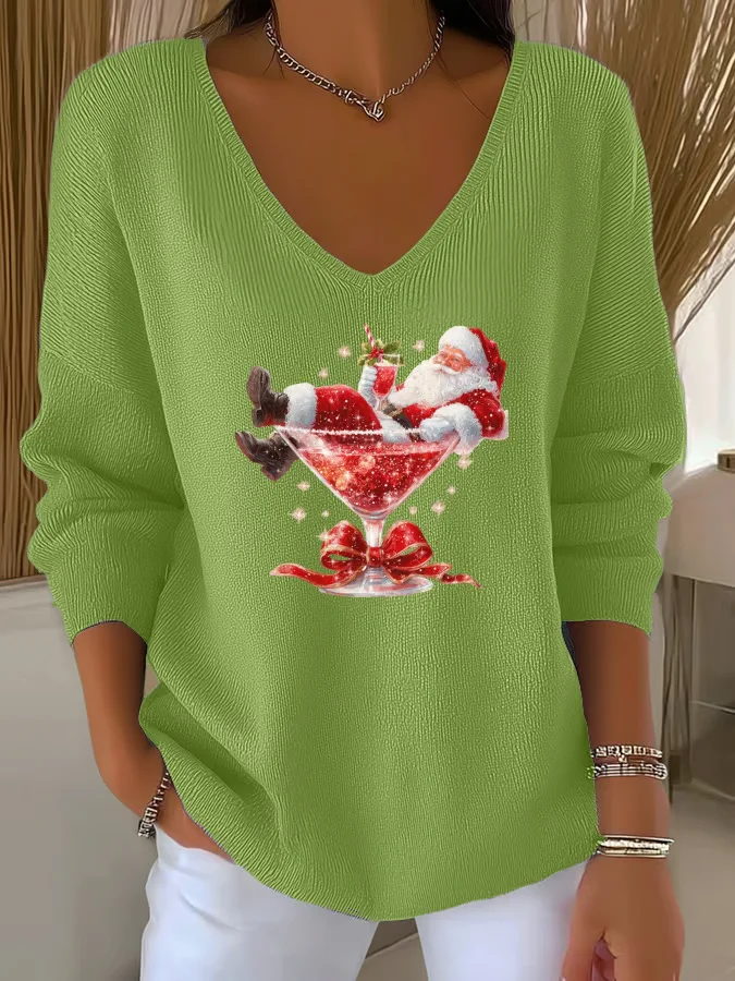 Women Santa Claus Long Sleeve Tee T-shirt V Neck Printing Casual Spring/Fall Top