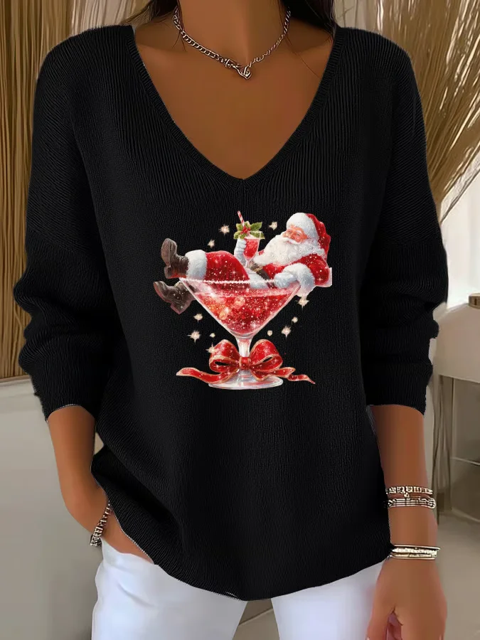 Women Santa Claus Long Sleeve Tee T-shirt V Neck Printing Casual Spring/Fall Top