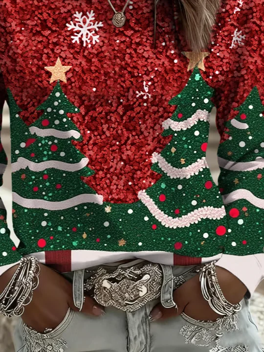 Women Christmas Long Sleeve Tee T-shirt Crew Neck Printing Casual Spring/Fall Graphic Tee Top