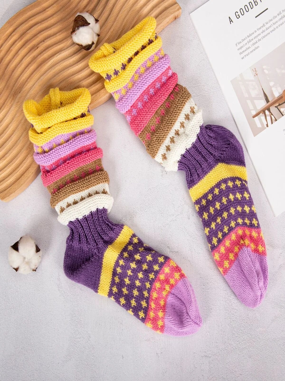 Women's Colorful Striped Slouch Socks Warm Color-blocked Star-patterned ...