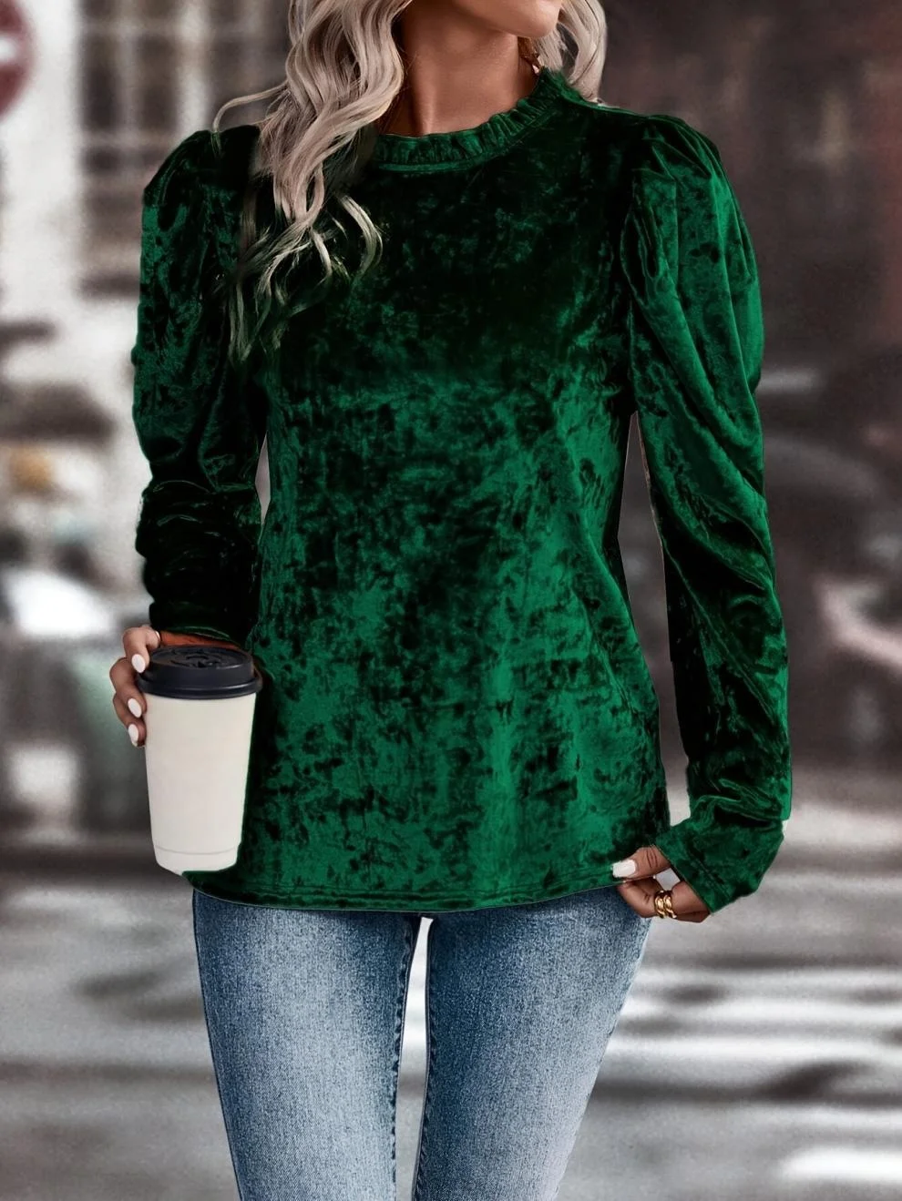 Women Plain Long Sleeve Tee T-shirt Crew Neck Split Joint Vintage Spring/Fall Top