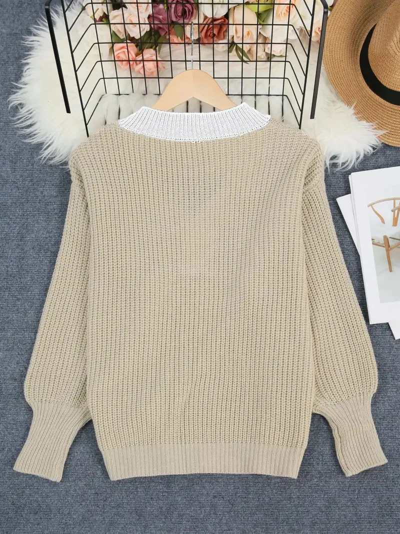 Women Plain Split Joint Winter Street Long Sleeve V Neck Sweater