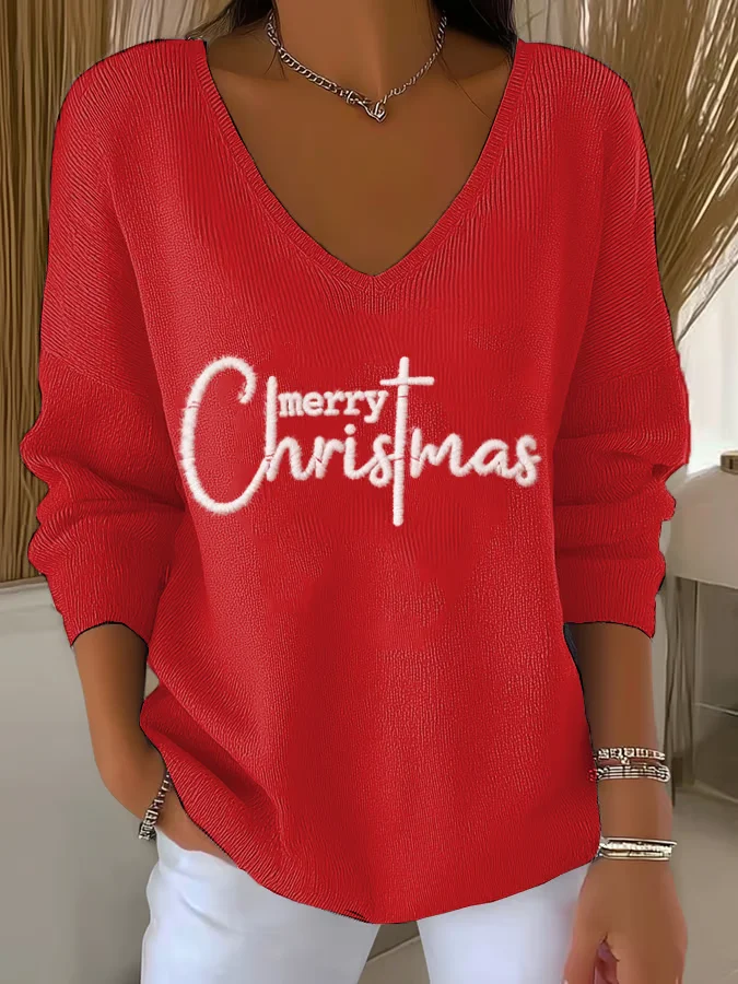 Women Christmas Long Sleeve Tee T-shirt V Neck Printing Casual Spring/Fall Top
