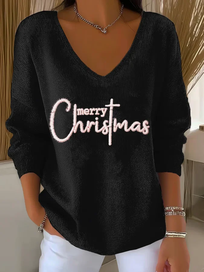 Women Christmas Long Sleeve Tee T-shirt V Neck Printing Casual Spring/Fall Top