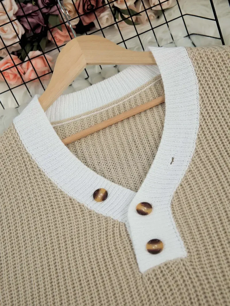 Women Plain Split Joint Winter Street Long Sleeve V Neck Sweater