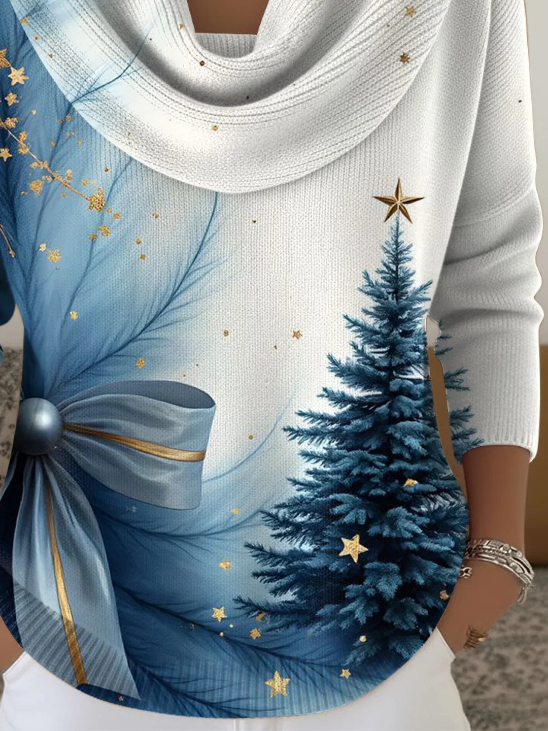 Women Christmas Printing Spring/Fall Casual Long Sleeve Cowl Neck Sweater