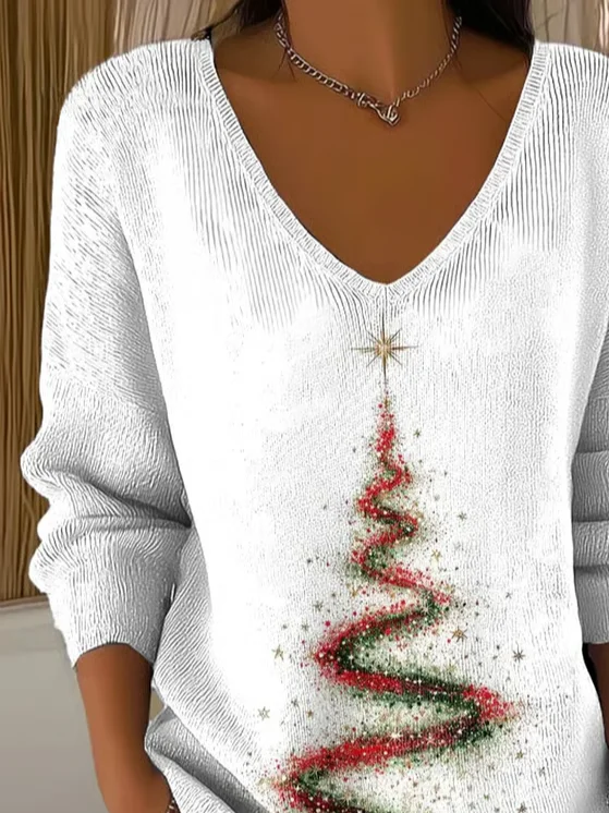 Women Christmas Long Sleeve Tee T-shirt V Neck Printing Casual Spring/Fall Top