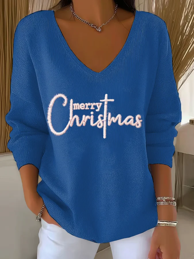 Women Christmas Long Sleeve Tee T-shirt V Neck Printing Casual Spring/Fall Top