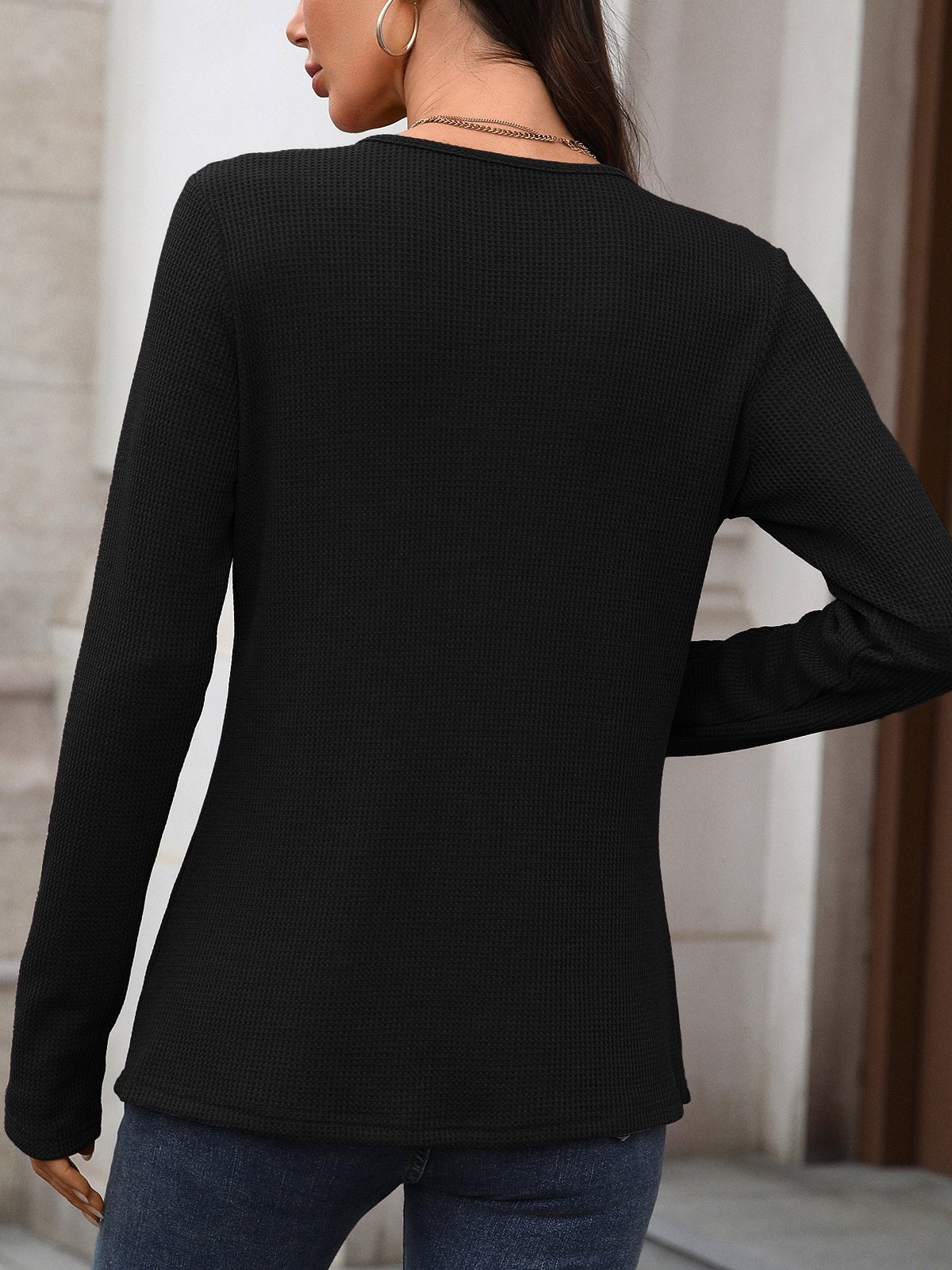 Women Plain Long Sleeve Tee T-shirt V Neck Split Joint Casual Spring/Fall Top