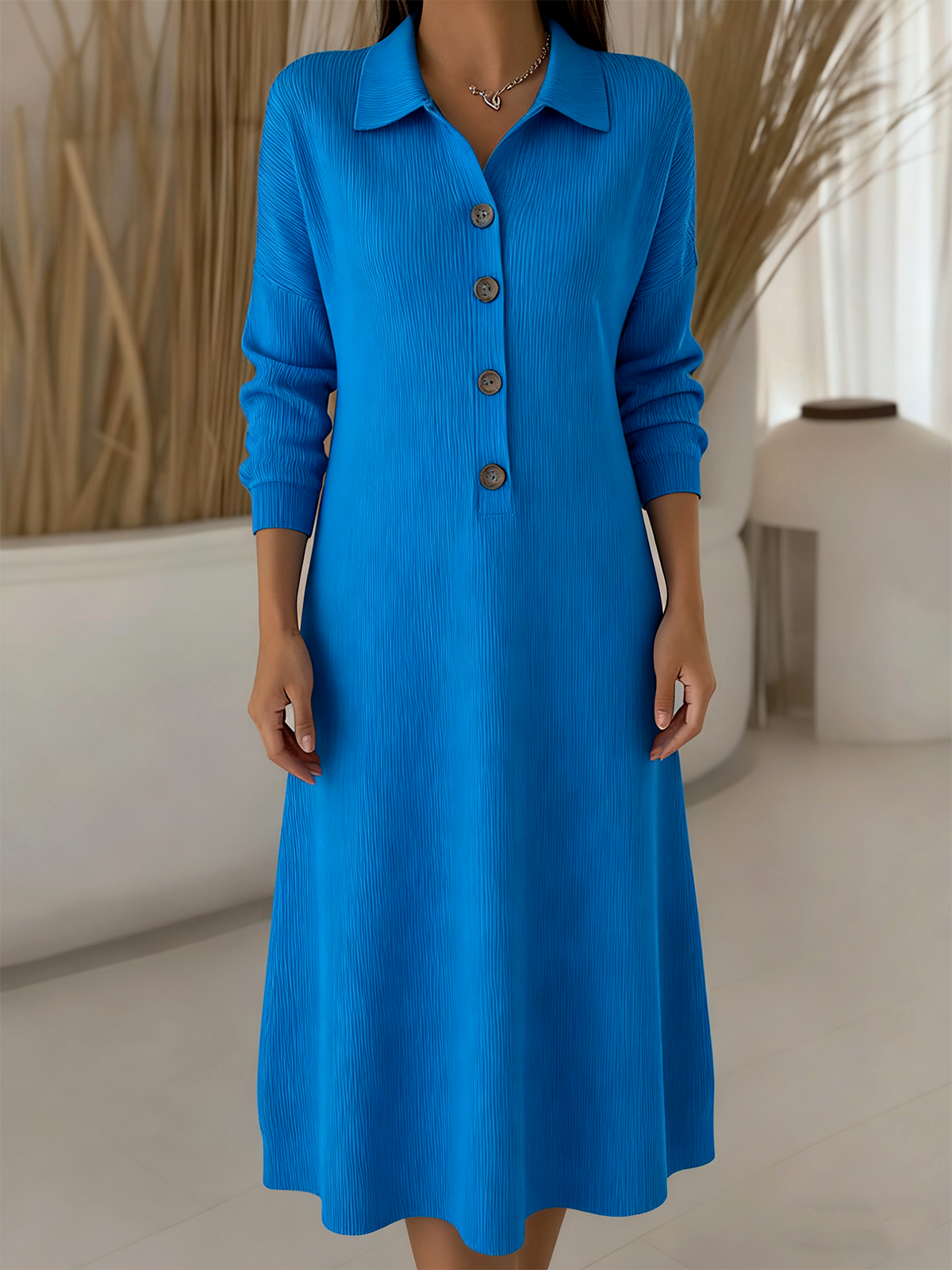 Women Plain Long Sleeve Autumn Dress Shawl Collar Daily Casual Maxi H-Line Dress