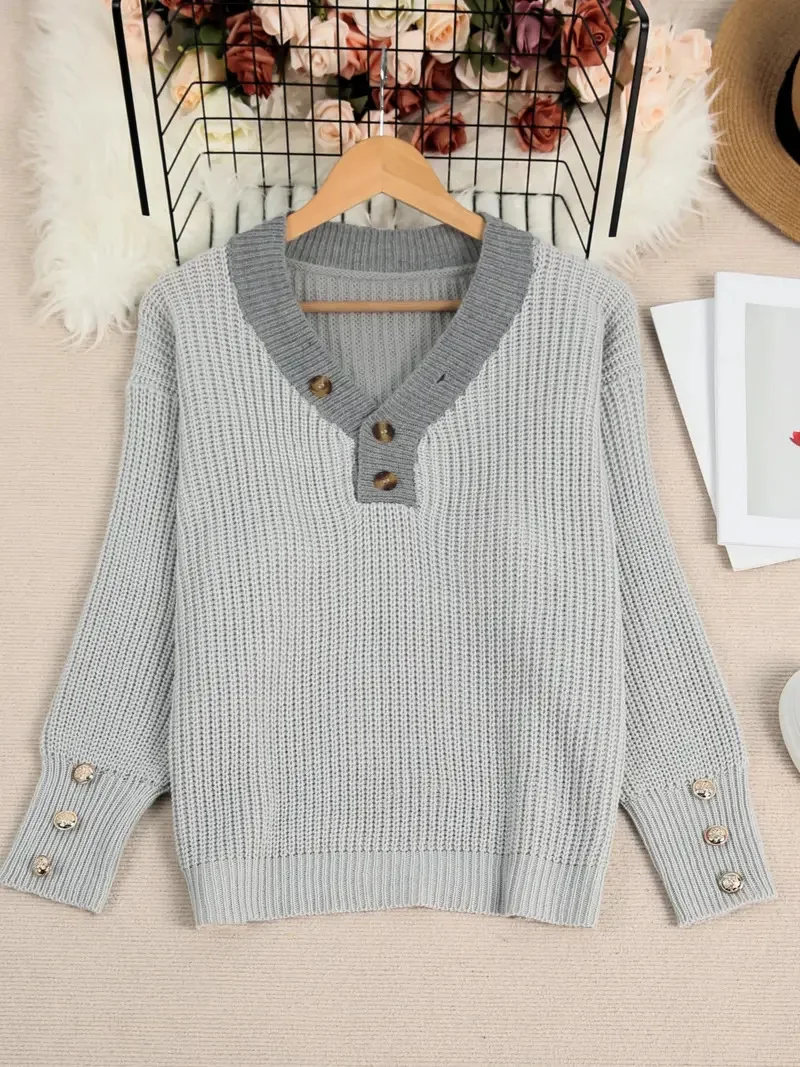 Women Plain Split Joint Winter Street Long Sleeve V Neck Sweater