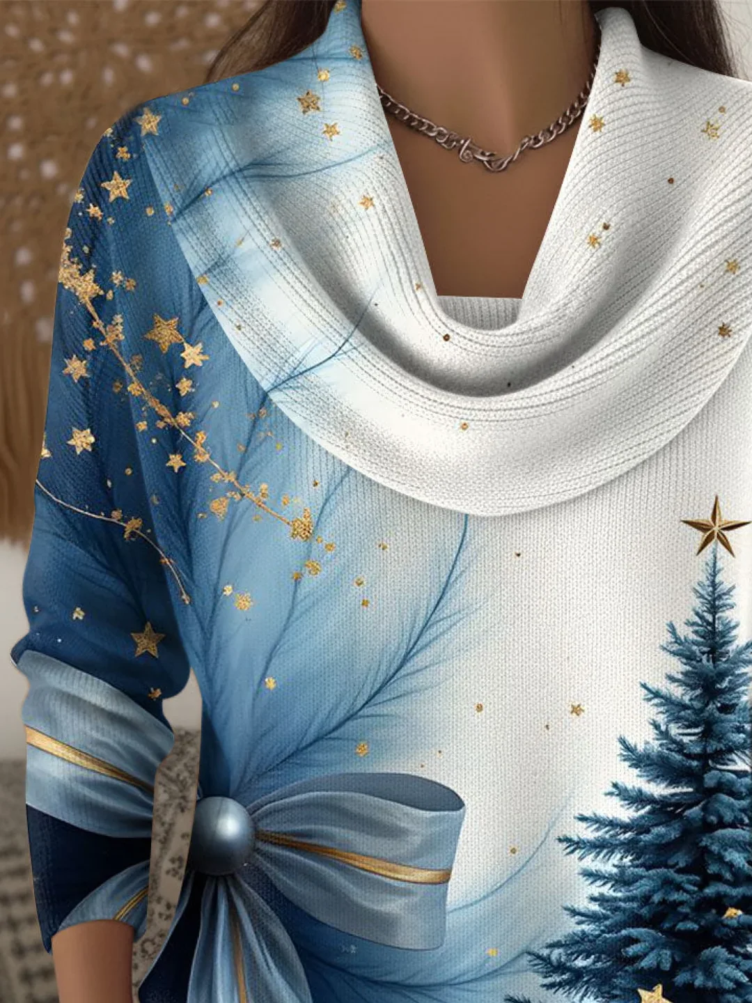 Women Christmas Printing Spring/Fall Casual Long Sleeve Cowl Neck Sweater