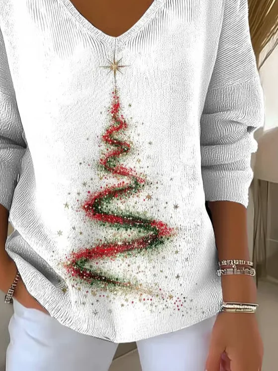 Women Christmas Long Sleeve Tee T-shirt V Neck Printing Casual Spring/Fall Top