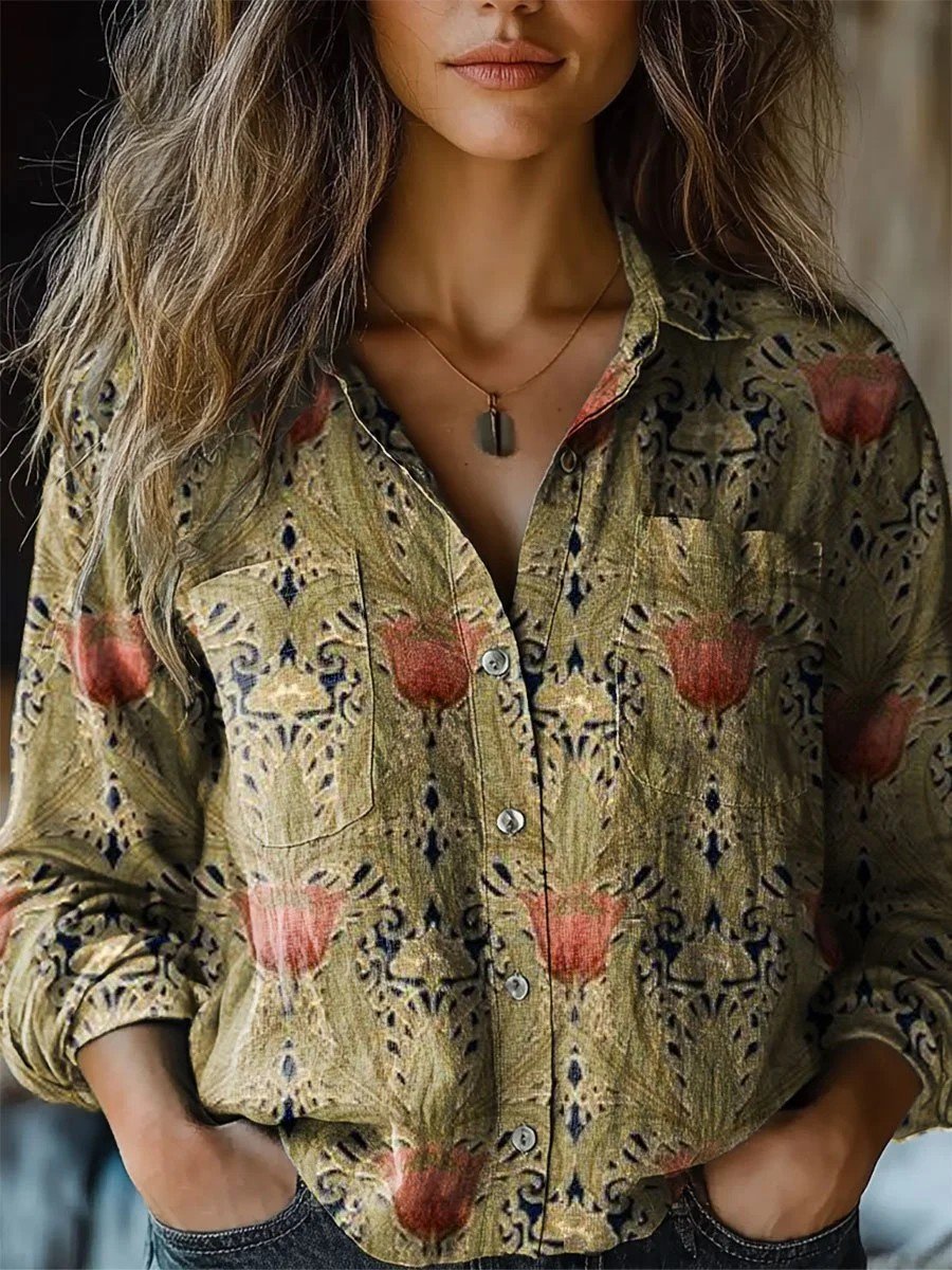 Women Floral Print Long Sleeve Shirt Spring/Fall Shawl Collar Casual Vintage Top