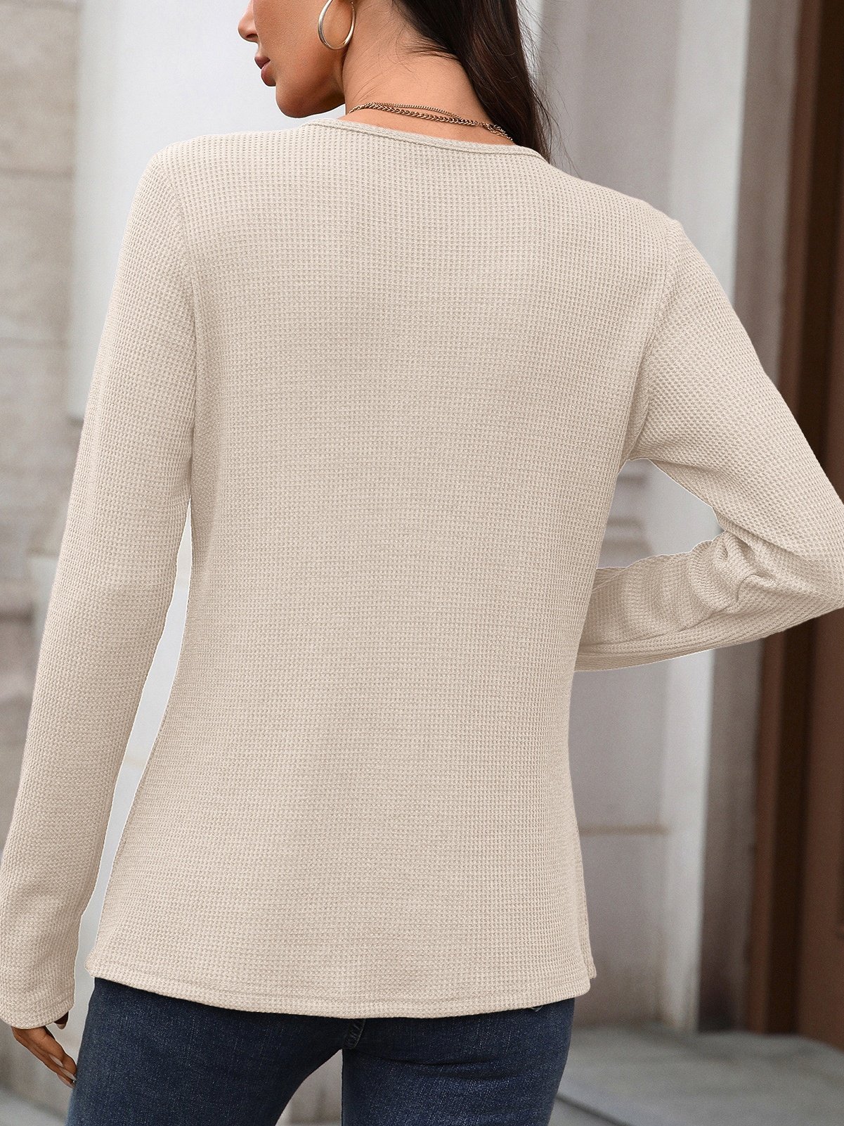 Women Plain Long Sleeve Tee T-shirt V Neck Split Joint Casual Spring/Fall Top