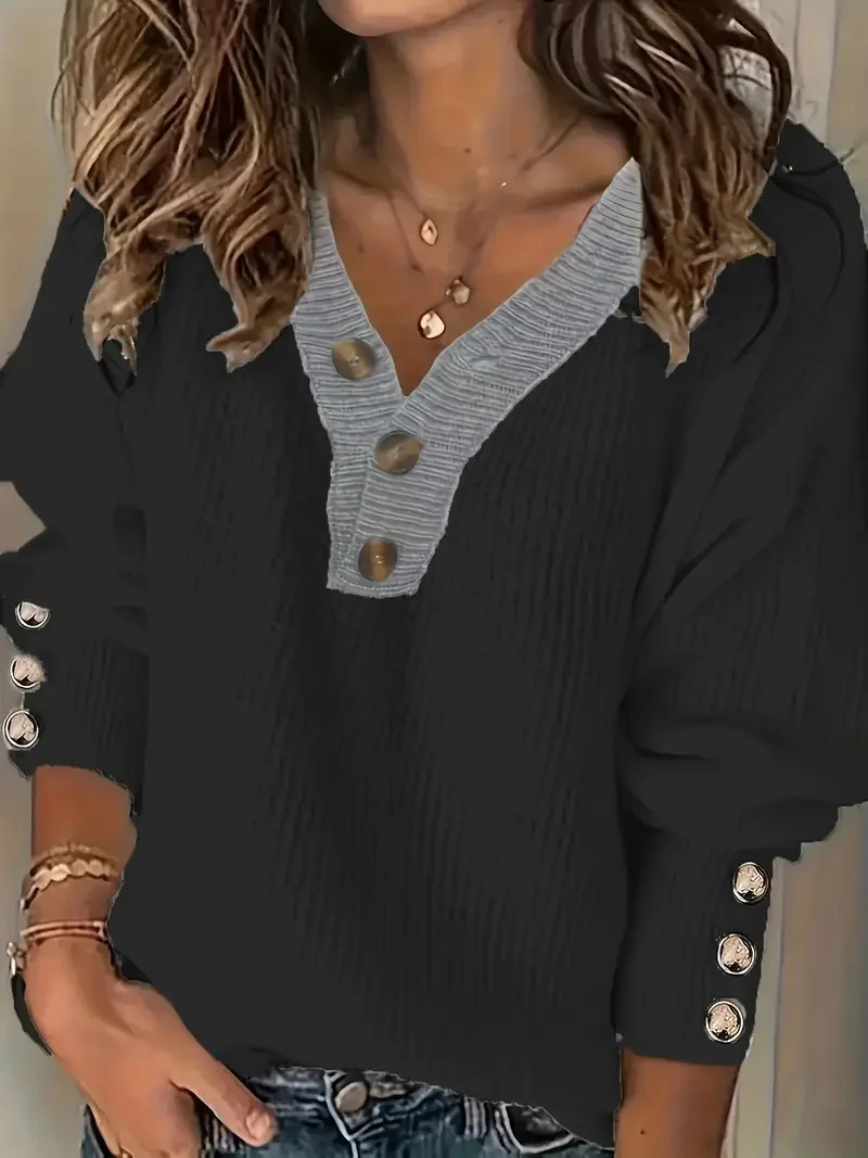 Women Plain Split Joint Winter Street Long Sleeve V Neck Sweater