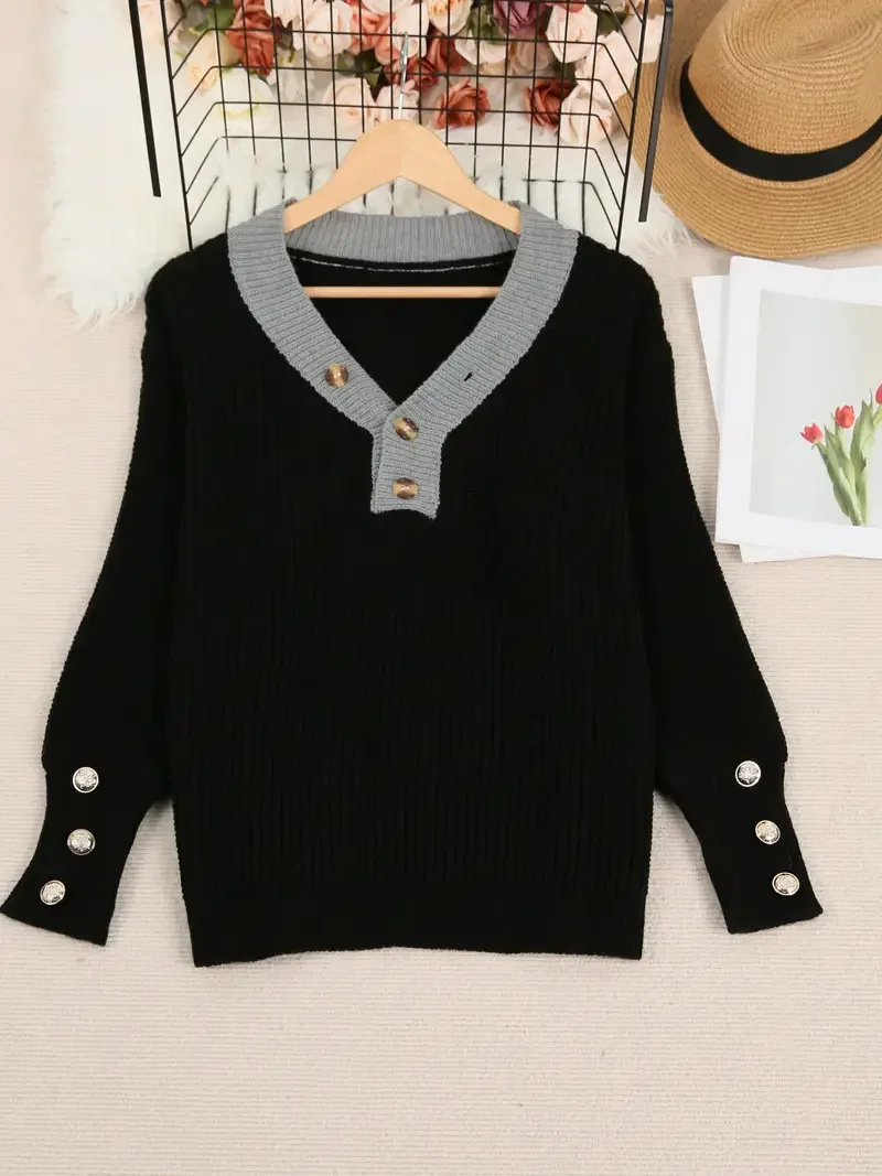 Women Plain Split Joint Winter Street Long Sleeve V Neck Sweater