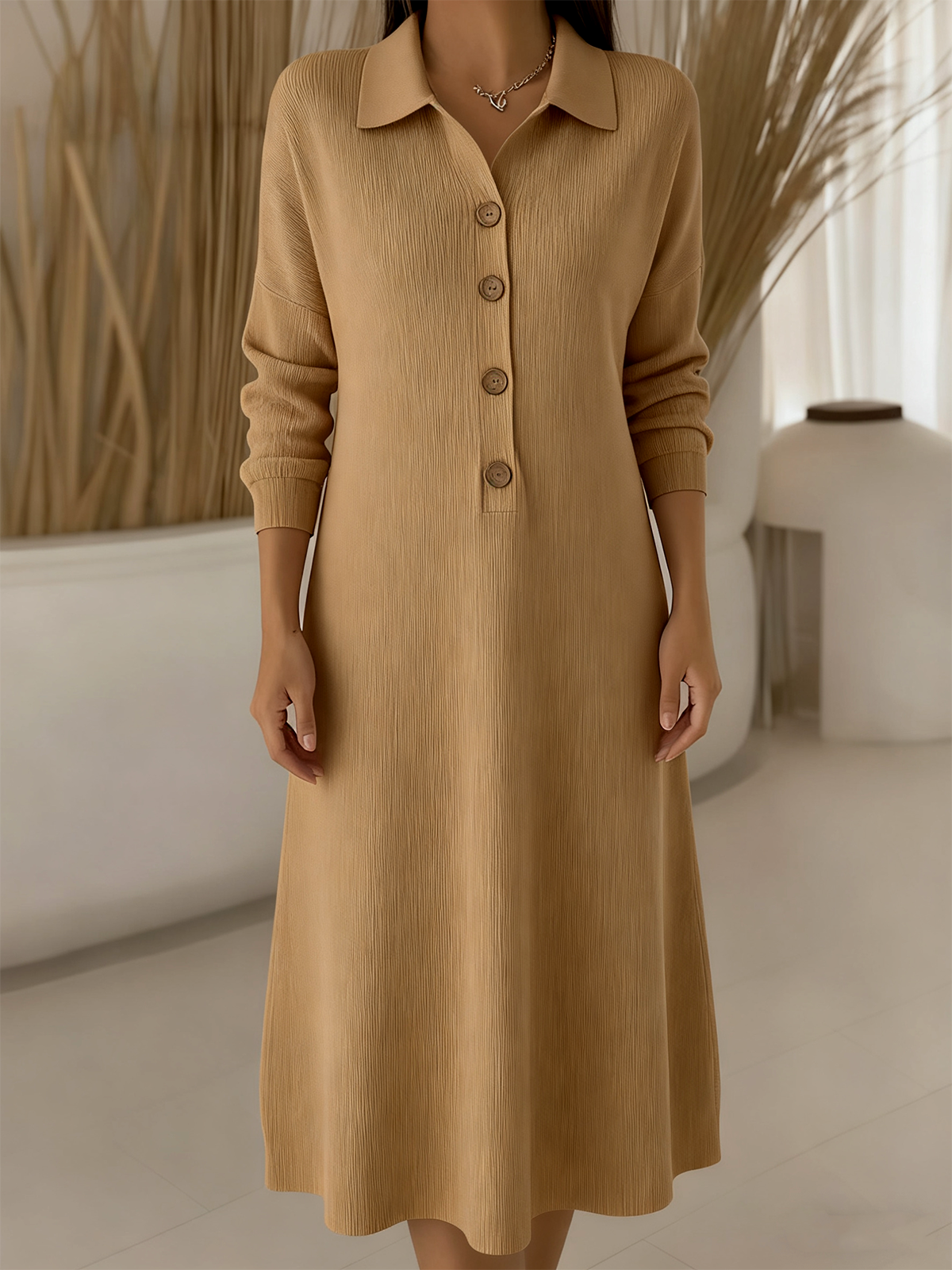 Women Plain Long Sleeve Autumn Dress Shawl Collar Daily Casual Maxi H-Line Dress