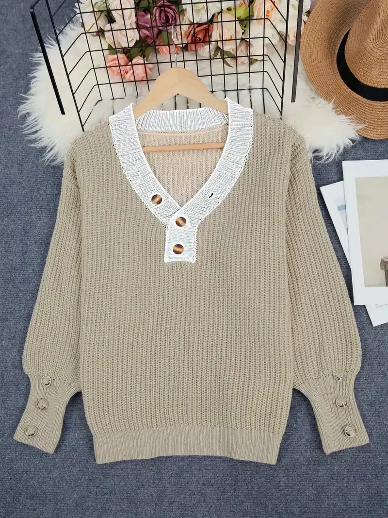 Women Plain Split Joint Winter Street Long Sleeve V Neck Sweater
