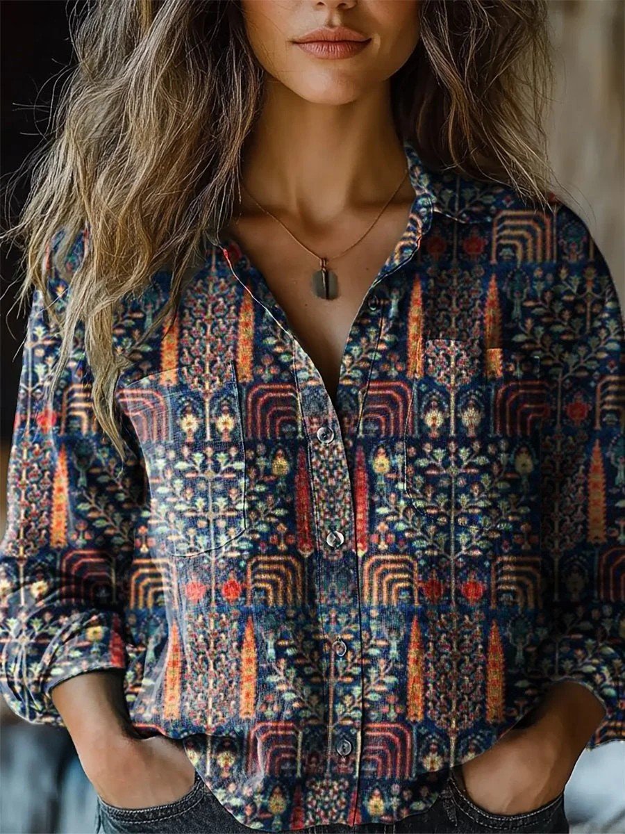 Women Floral Print Long Sleeve Shirt Spring/Fall Shawl Collar Casual Vintage Top