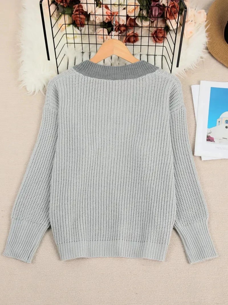 Women Plain Split Joint Winter Street Long Sleeve V Neck Sweater