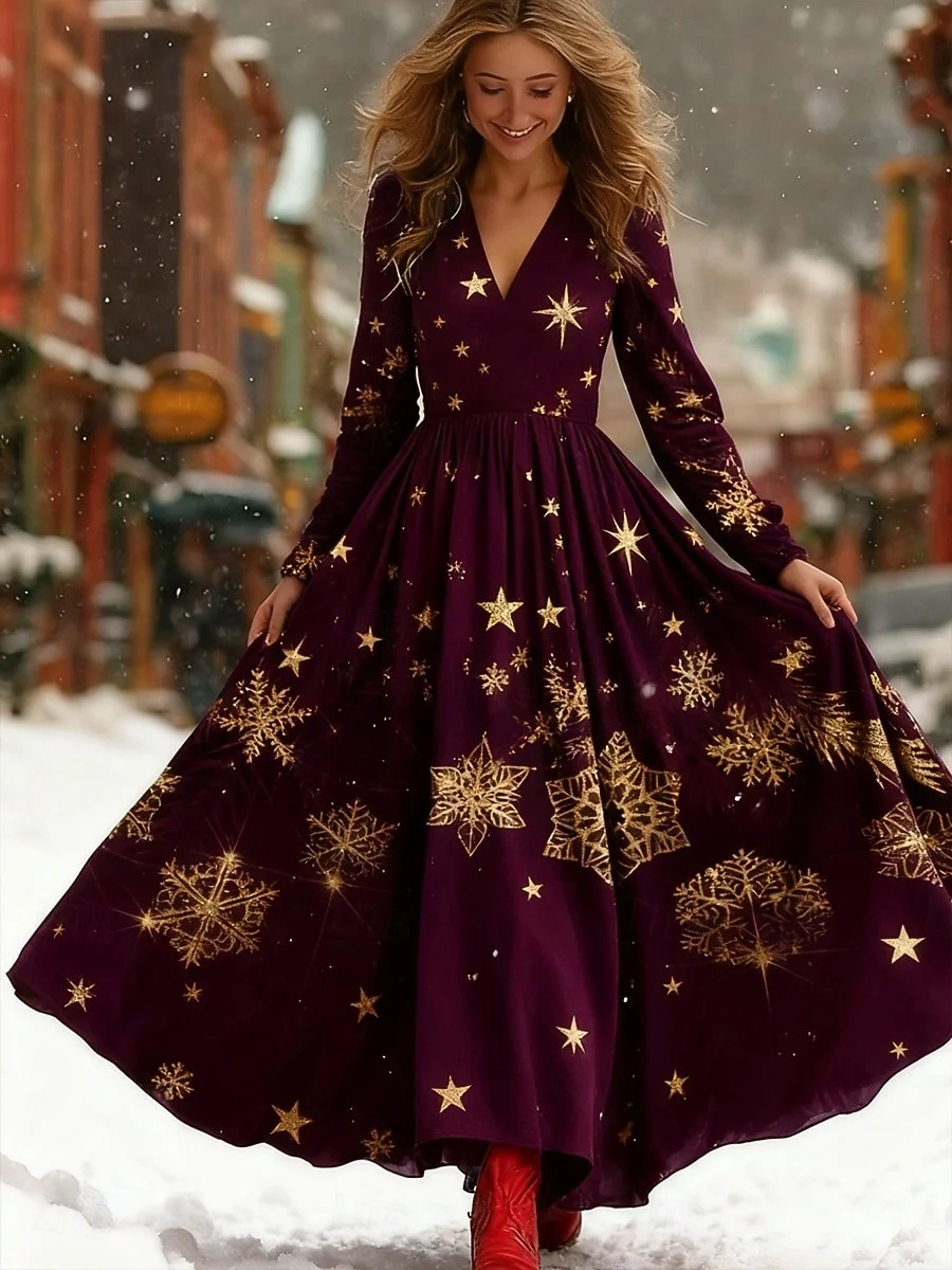 Women Christmas Long Sleeve Spring/Fall Dress V Neck Holiday Vintage Maxi A-Line Dress