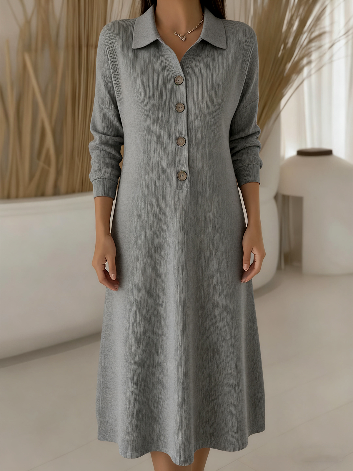 Women Plain Long Sleeve Autumn Dress Shawl Collar Daily Casual Maxi H-Line Dress