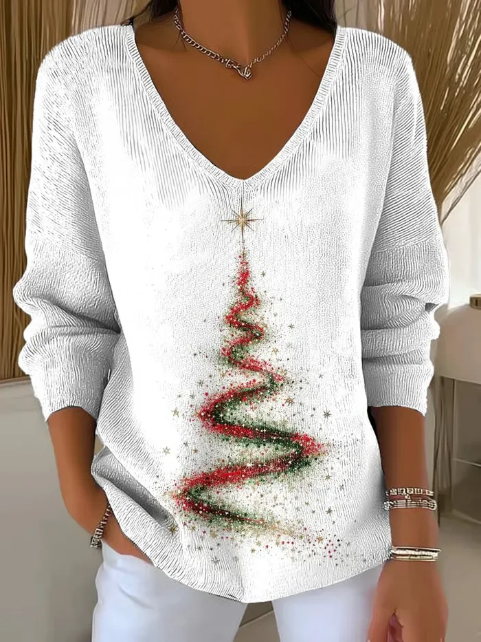 Women Christmas Long Sleeve Tee T-shirt V Neck Printing Casual Spring/Fall Top