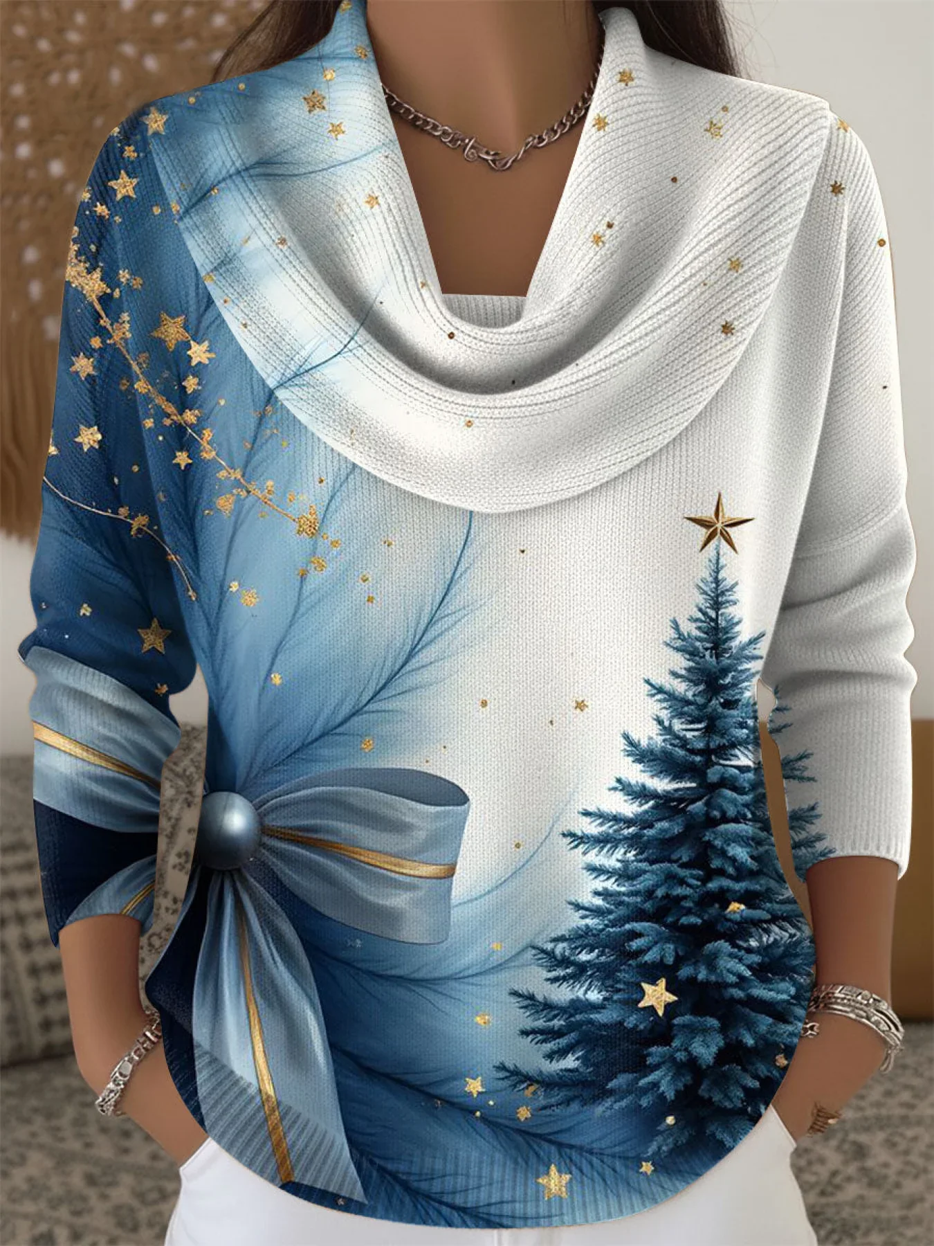 Women Christmas Printing Spring/Fall Casual Long Sleeve Cowl Neck Sweater