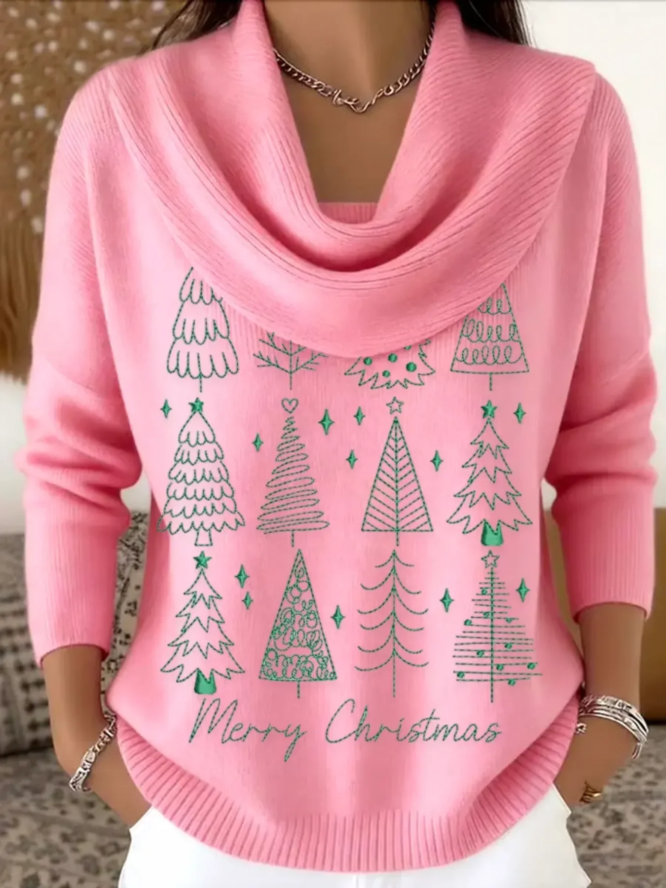 Women Christmas Printing Spring/Fall Casual Long Sleeve Cowl Neck Sweater