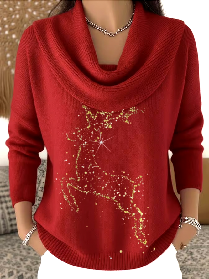 Women Christmas Printing Spring/Fall Casual Long Sleeve Cowl Neck Sweater