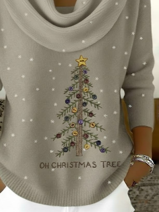 Women Christmas Printing Spring/Fall Casual Long Sleeve Cowl Neck Sweater