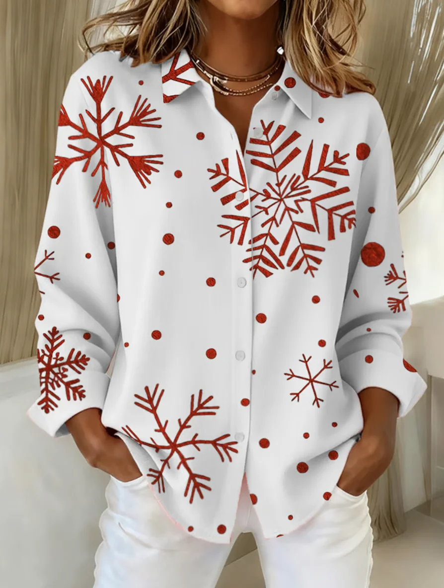 Women Christmas Long Sleeve Shirt Spring/Fall Shawl Collar Holiday Vintage Top