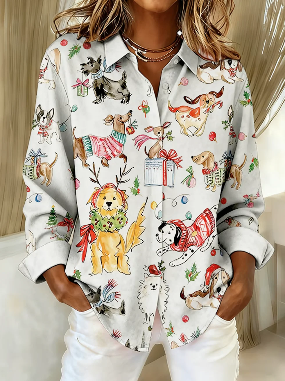 Women Christmas Long Sleeve Shirt Spring/Fall Shawl Collar Holiday Vintage Top