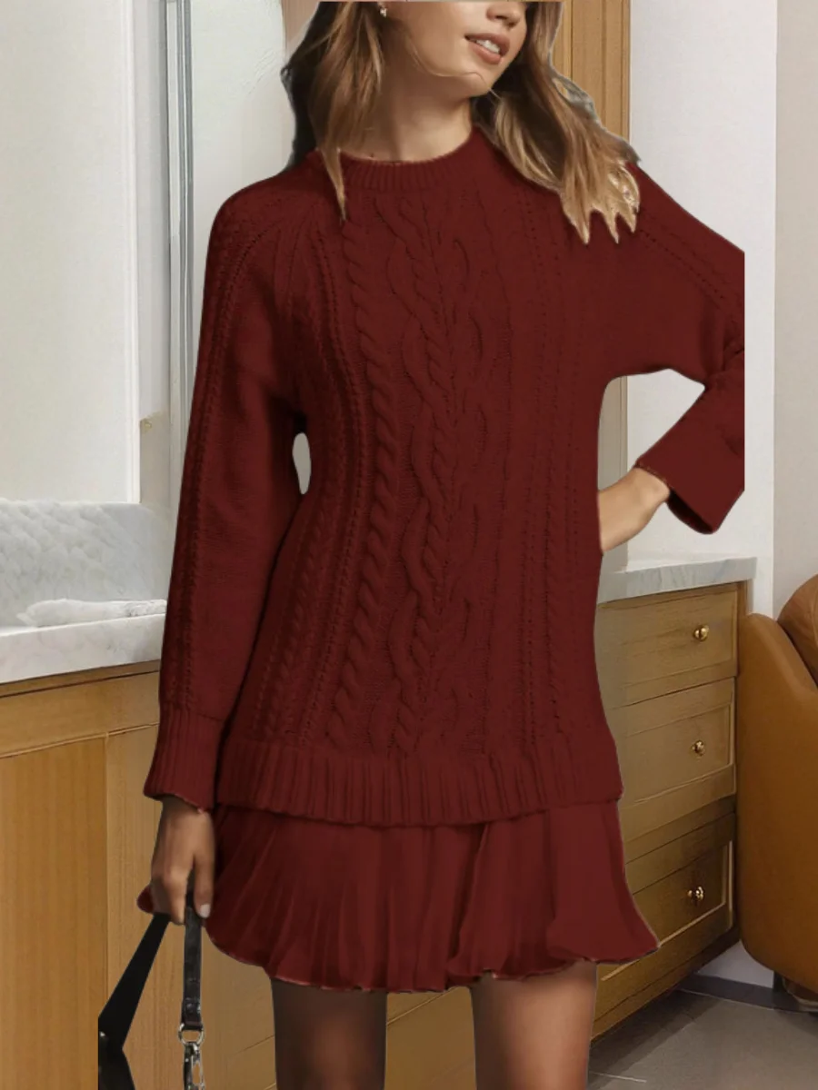 Women Geometric Long Sleeve Autumn Jacquard Dress Crew Neck Daily Sexy Mini Sweater A-Line Dress