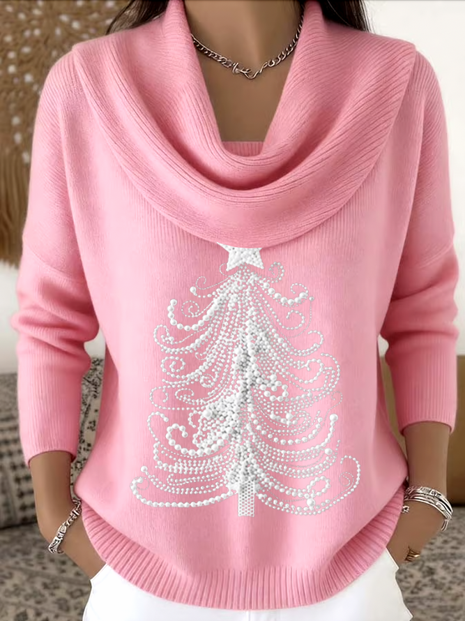 Women Christmas Printing Spring/Fall Casual Long Sleeve Cowl Neck Sweater