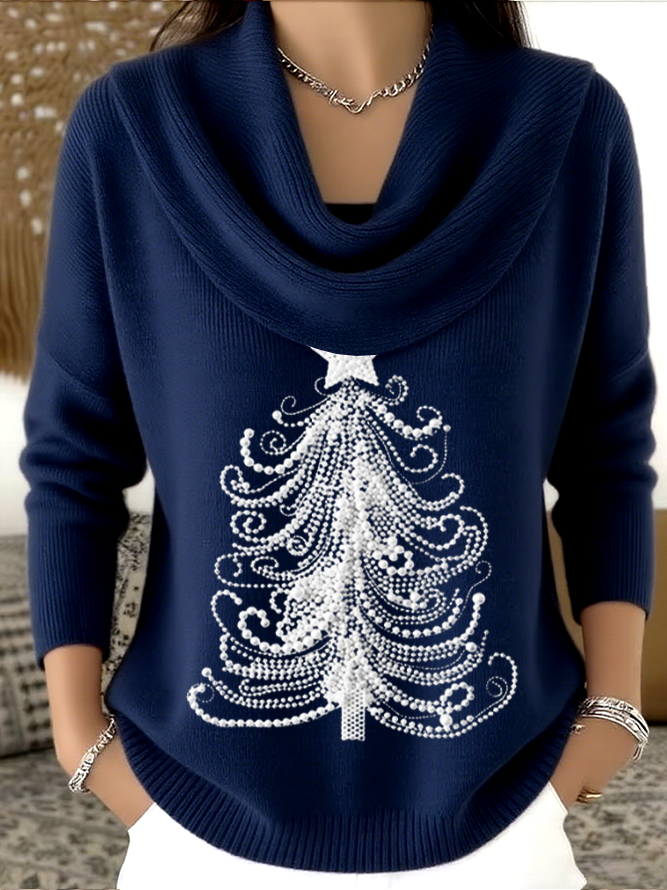 Women Christmas Printing Spring/Fall Casual Long Sleeve Cowl Neck Sweater
