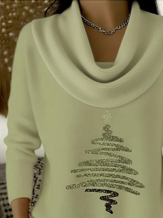 Women Christmas Printing Spring/Fall Casual Long Sleeve Cowl Neck Sweater