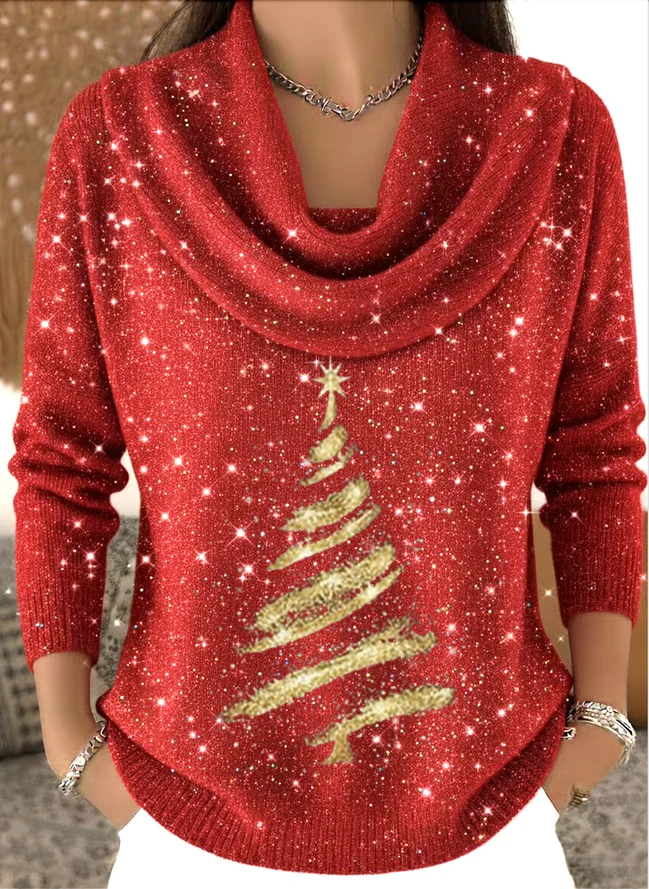 Women Christmas Printing Spring/Fall Casual Long Sleeve Cowl Neck Sweater