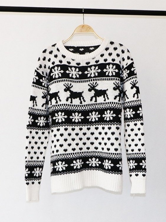 Women Snowflake Printing Winter Casual Long Sleeve Crew Neck Sweater