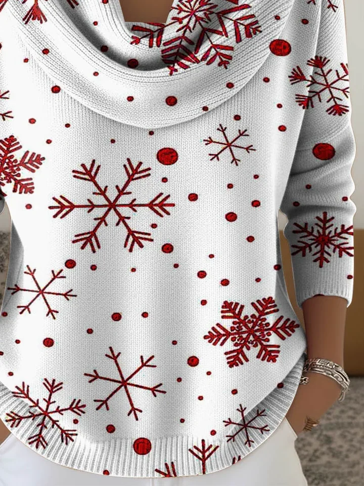 Women Christmas Printing Spring/Fall Casual Long Sleeve Cowl Neck Sweater