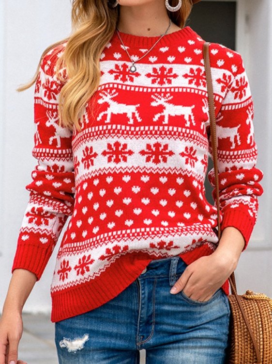 Women Snowflake Printing Winter Casual Long Sleeve Crew Neck Sweater