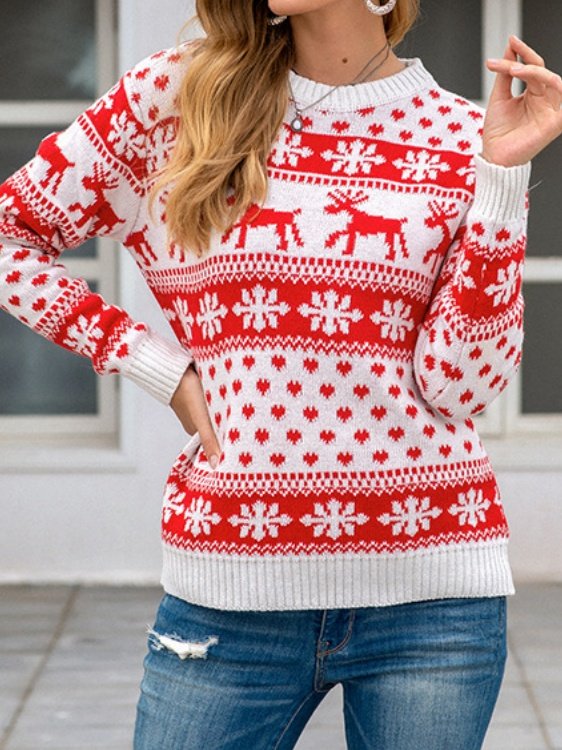 Women Snowflake Printing Winter Casual Long Sleeve Crew Neck Sweater