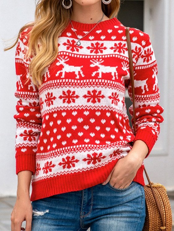 Women Snowflake Printing Winter Casual Long Sleeve Crew Neck Sweater