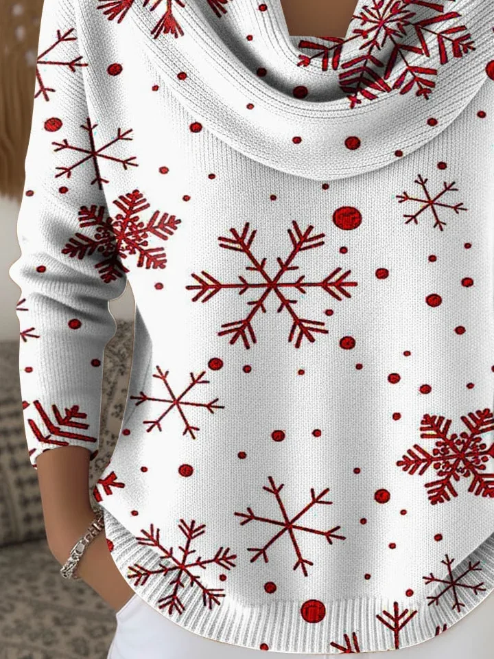 Women Christmas Printing Spring/Fall Casual Long Sleeve Cowl Neck Sweater