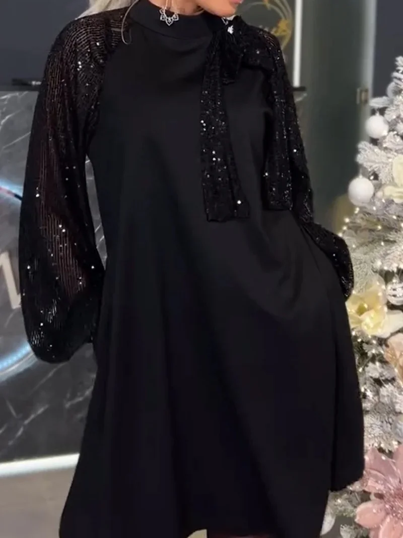 Women Plain Long Sleeve Spring/Fall Split Joint Dress Crew Neck Daily Vintage Midi Sequin A-Line Dress