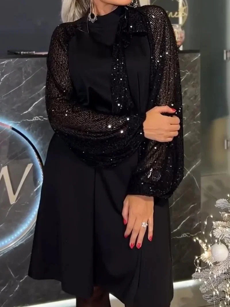 Women Plain Long Sleeve Spring/Fall Split Joint Dress Crew Neck Daily Vintage Midi Sequin A-Line Dress