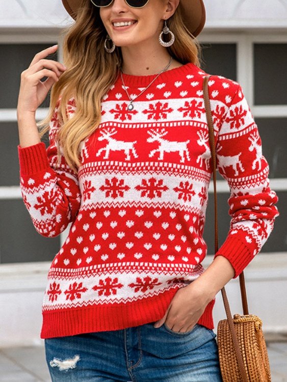 Women Snowflake Printing Winter Casual Long Sleeve Crew Neck Sweater