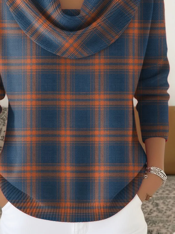 Women Plaid Printing Spring/Fall Casual Long Sleeve Cowl Neck Sweater