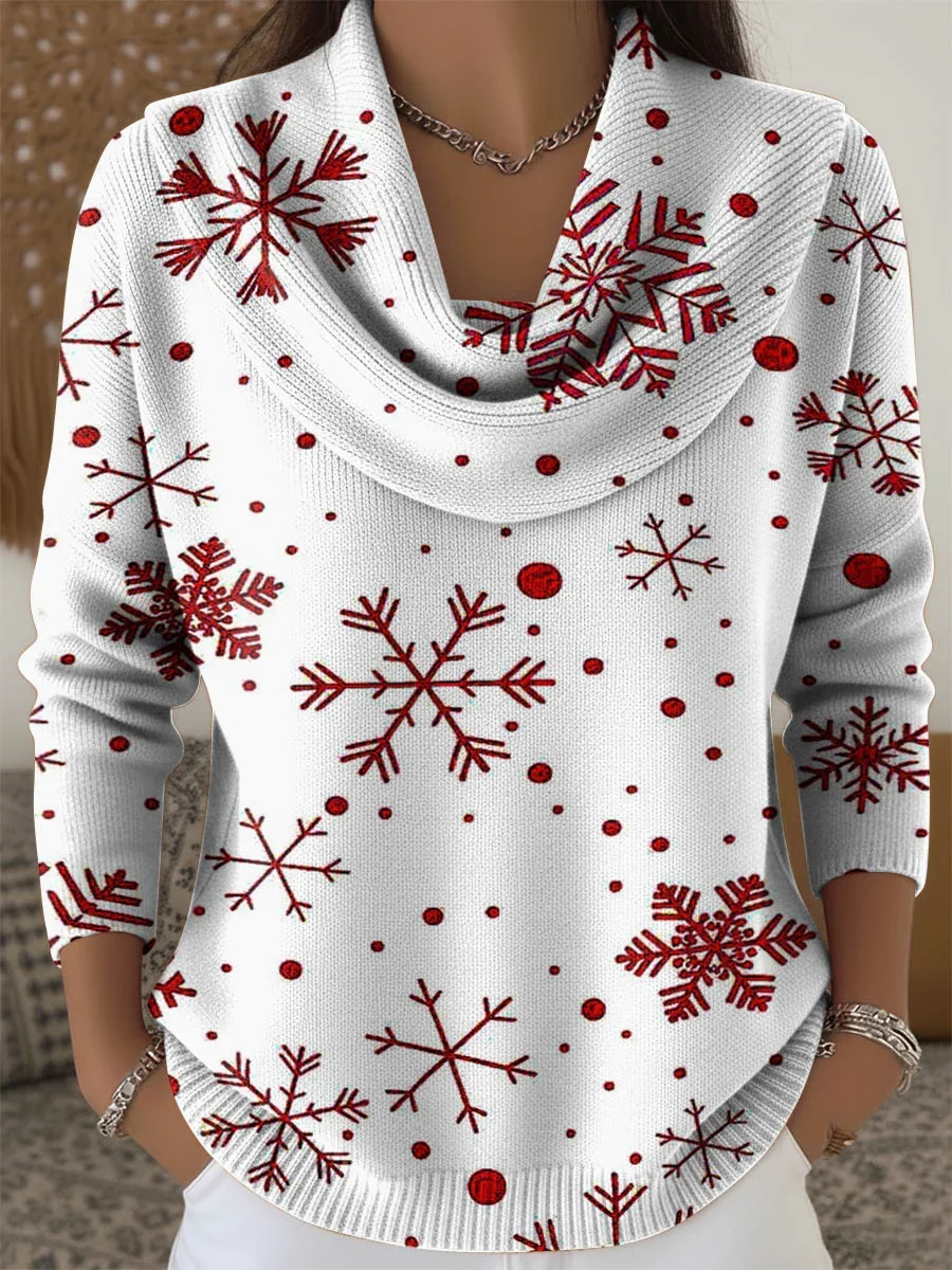 Women Christmas Printing Spring/Fall Casual Long Sleeve Cowl Neck Sweater